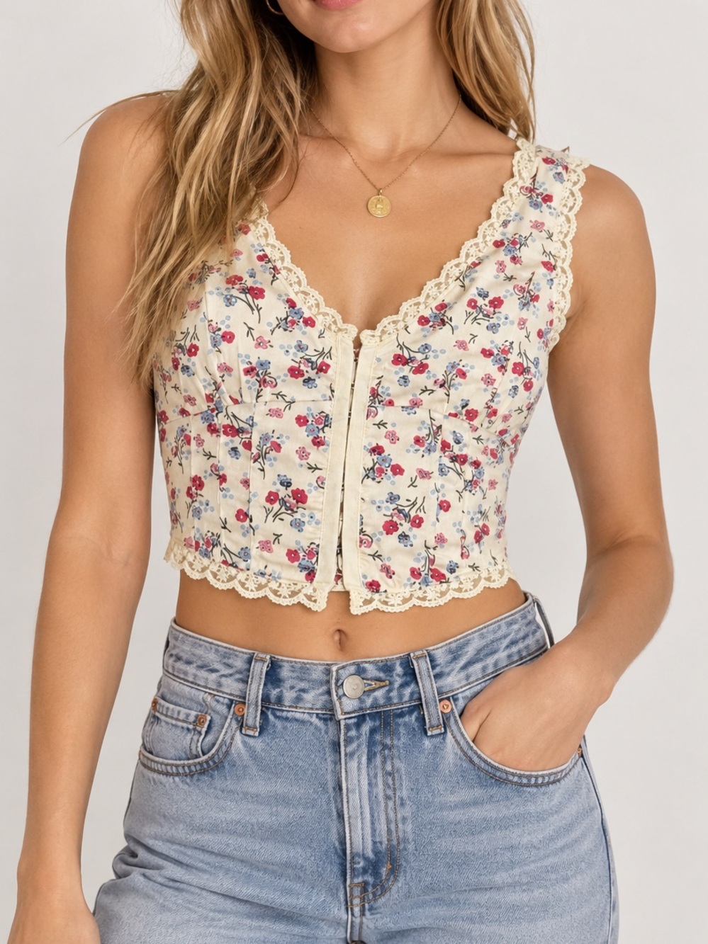 Bailey Rose Floral Corset Vest Top Lace Trim Coquette Crop Size XS